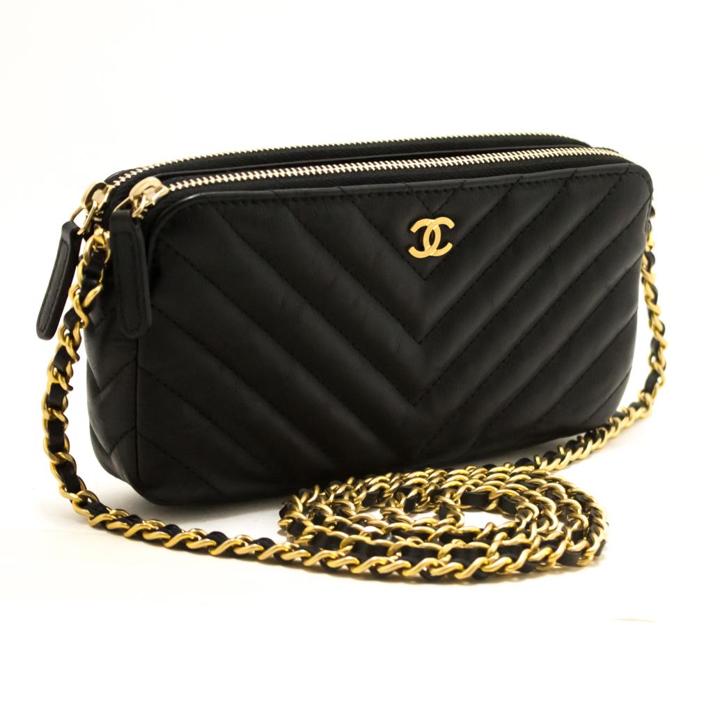 chanel wallet on chain black gold