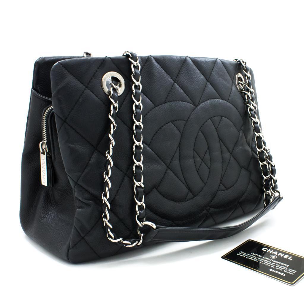 Details About S41 Chanel Authentic Caviar Chain Shoulder Bag Black Quilted Leather Silver Zip