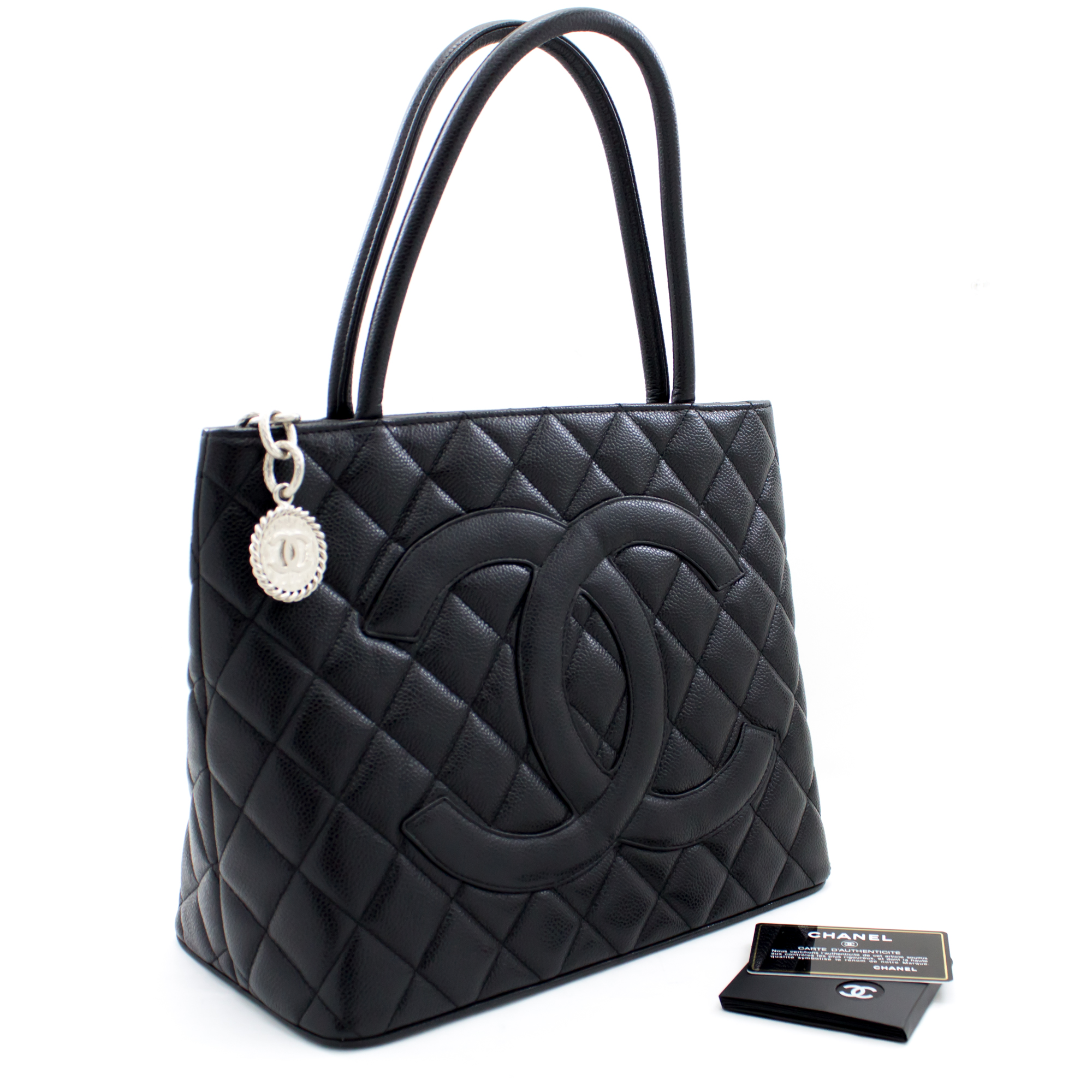Details About Chanel Silver Medallion Caviar Shoulder Bag Ping Tote Black T31