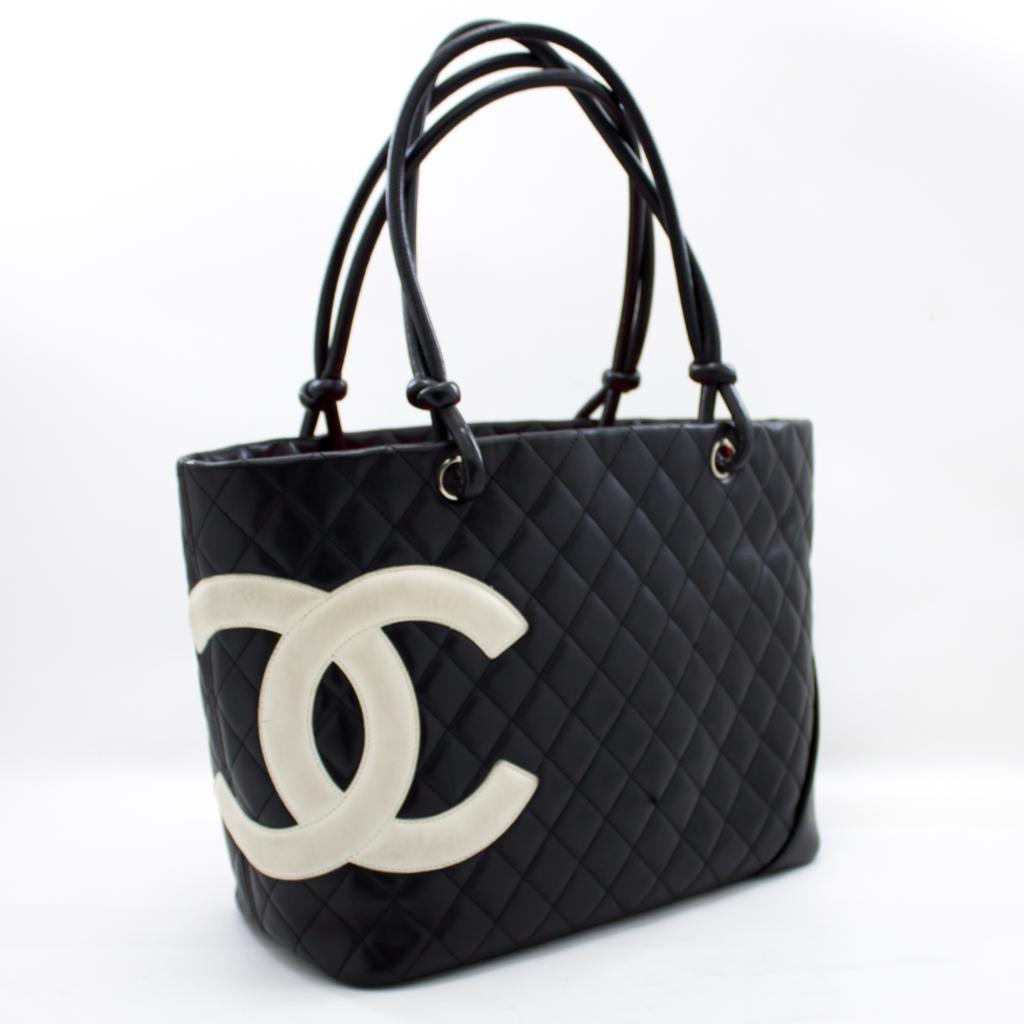 u79 CHANEL Authentic Cambon Tote Large Shoulder Bag Black White Quilted ...